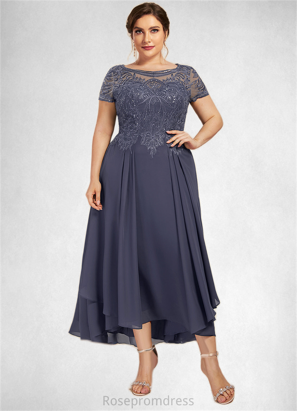 Caylee A-Line Scoop Neck Asymmetrical Chiffon Lace Mother of the Bride Dress With Sequins SRS126P0014667