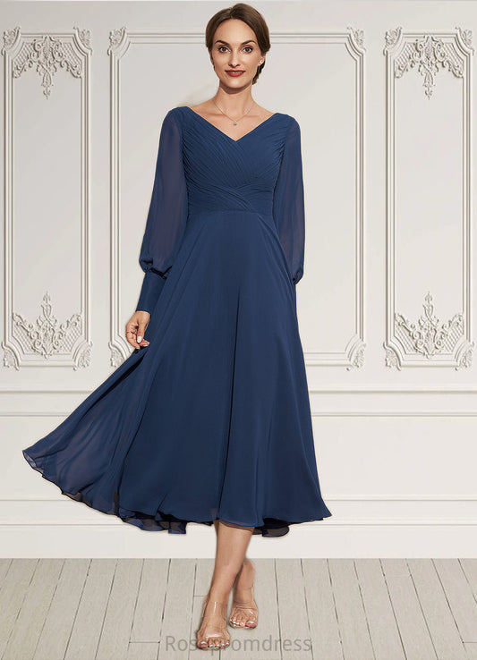 Jocelynn A-Line V-neck Tea-Length Chiffon Mother of the Bride Dress With Ruffle SRS126P0014669
