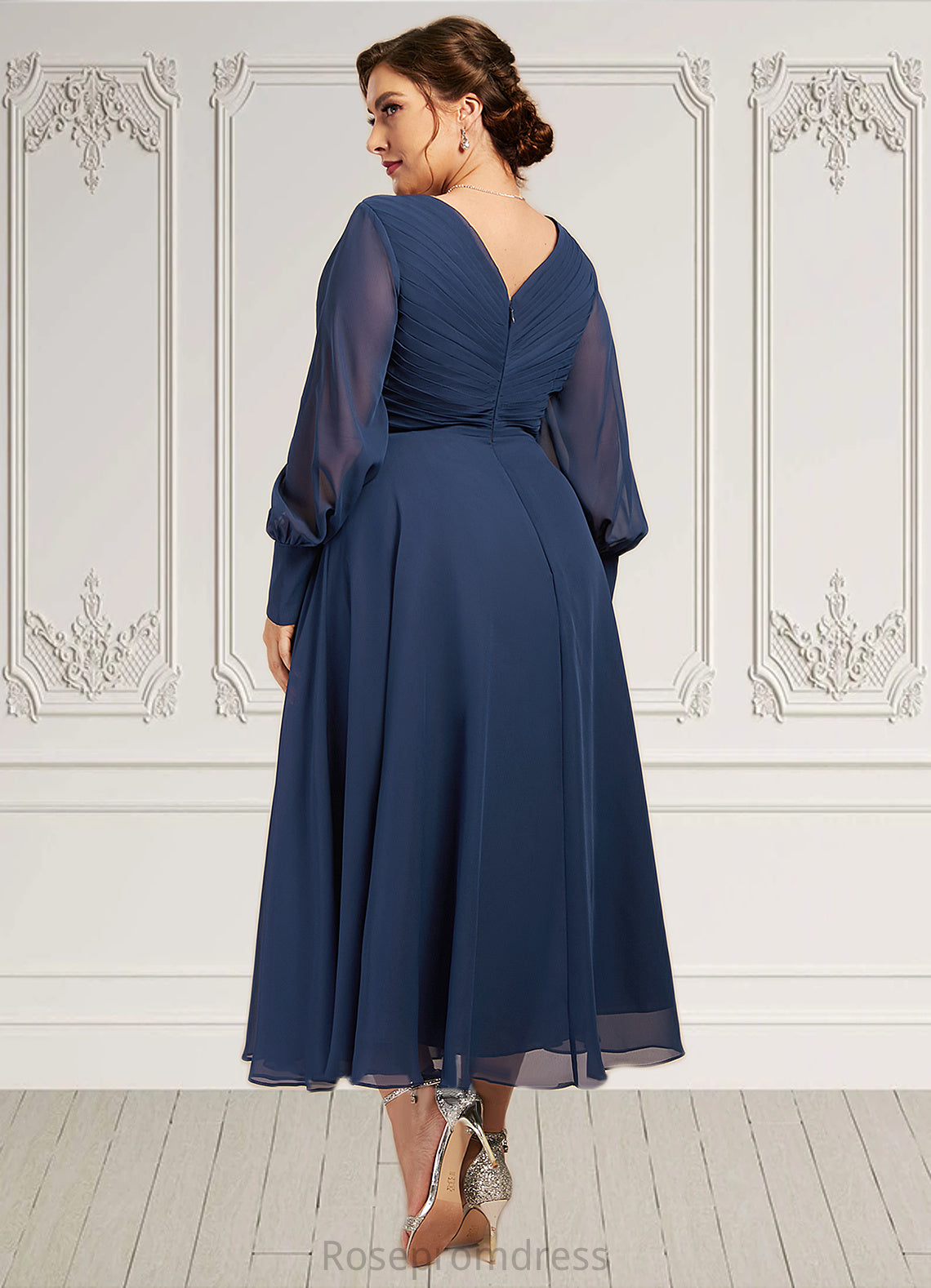 Jocelynn A-Line V-neck Tea-Length Chiffon Mother of the Bride Dress With Ruffle SRS126P0014669