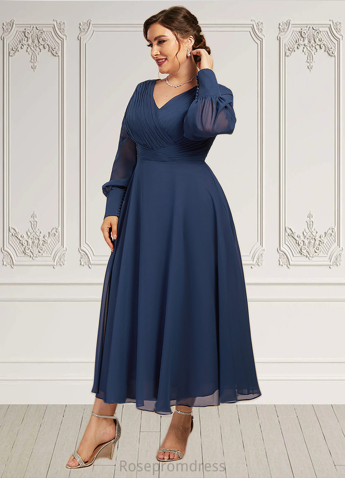 Jocelynn A-Line V-neck Tea-Length Chiffon Mother of the Bride Dress With Ruffle SRS126P0014669