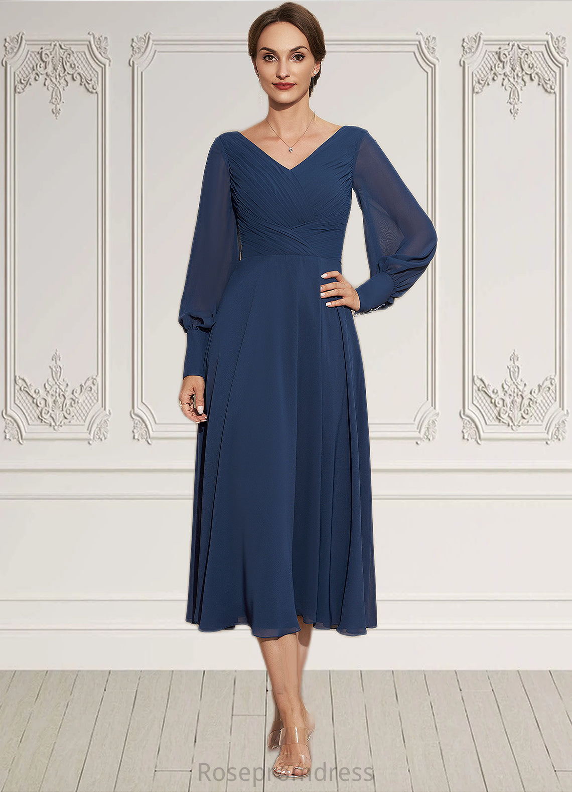 Jocelynn A-Line V-neck Tea-Length Chiffon Mother of the Bride Dress With Ruffle SRS126P0014669