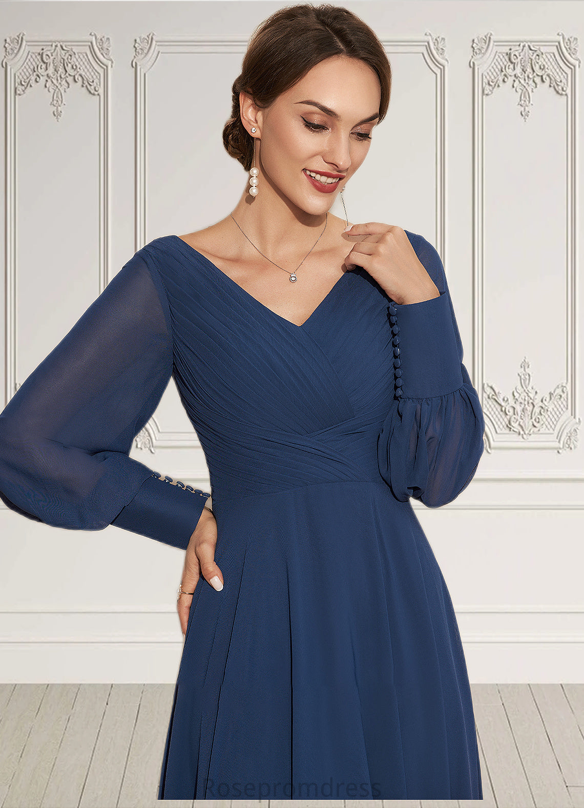 Jocelynn A-Line V-neck Tea-Length Chiffon Mother of the Bride Dress With Ruffle SRS126P0014669