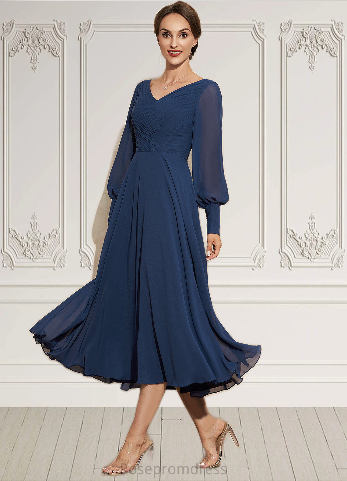 Jocelynn A-Line V-neck Tea-Length Chiffon Mother of the Bride Dress With Ruffle SRS126P0014669