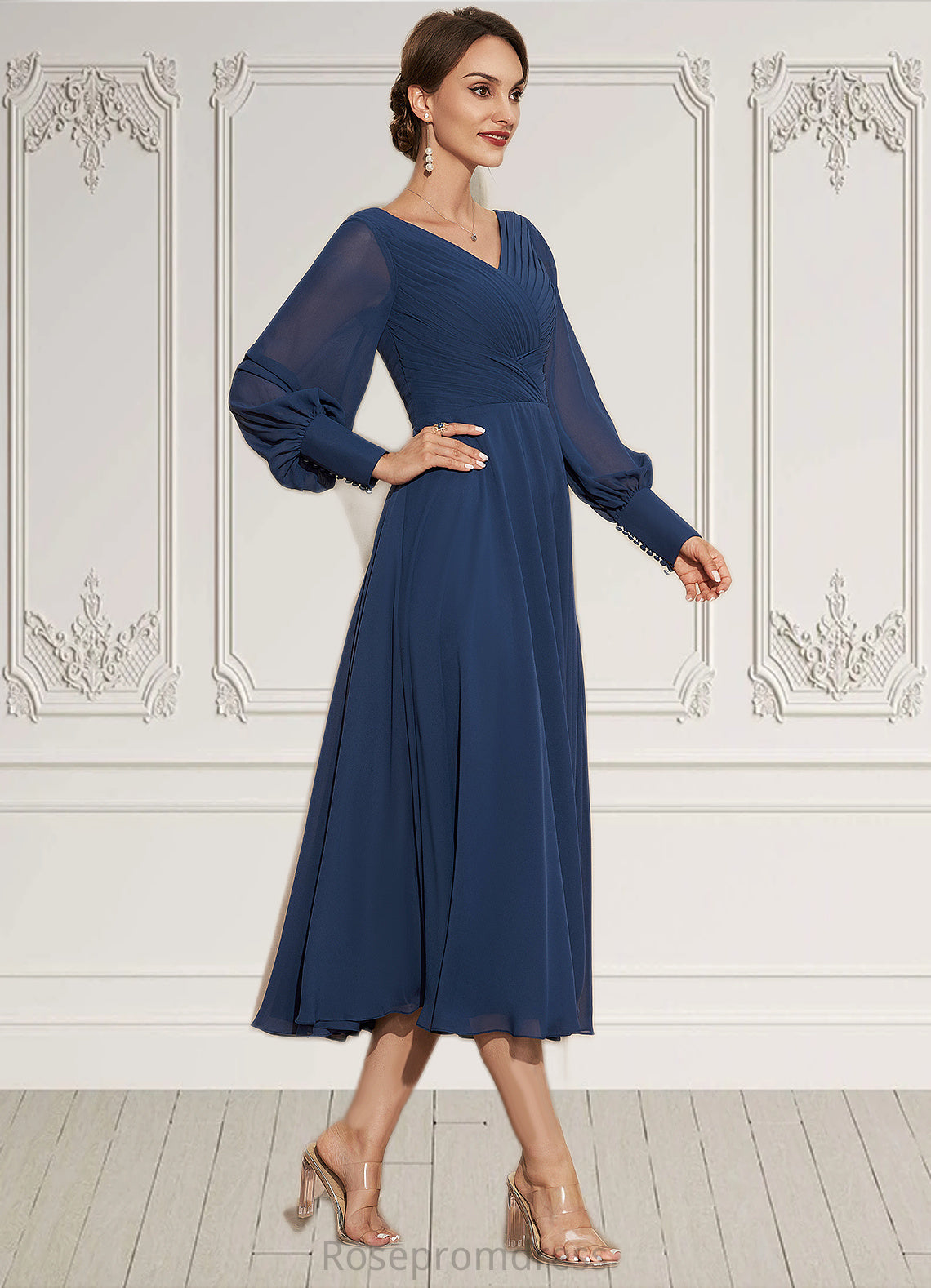 Jocelynn A-Line V-neck Tea-Length Chiffon Mother of the Bride Dress With Ruffle SRS126P0014669