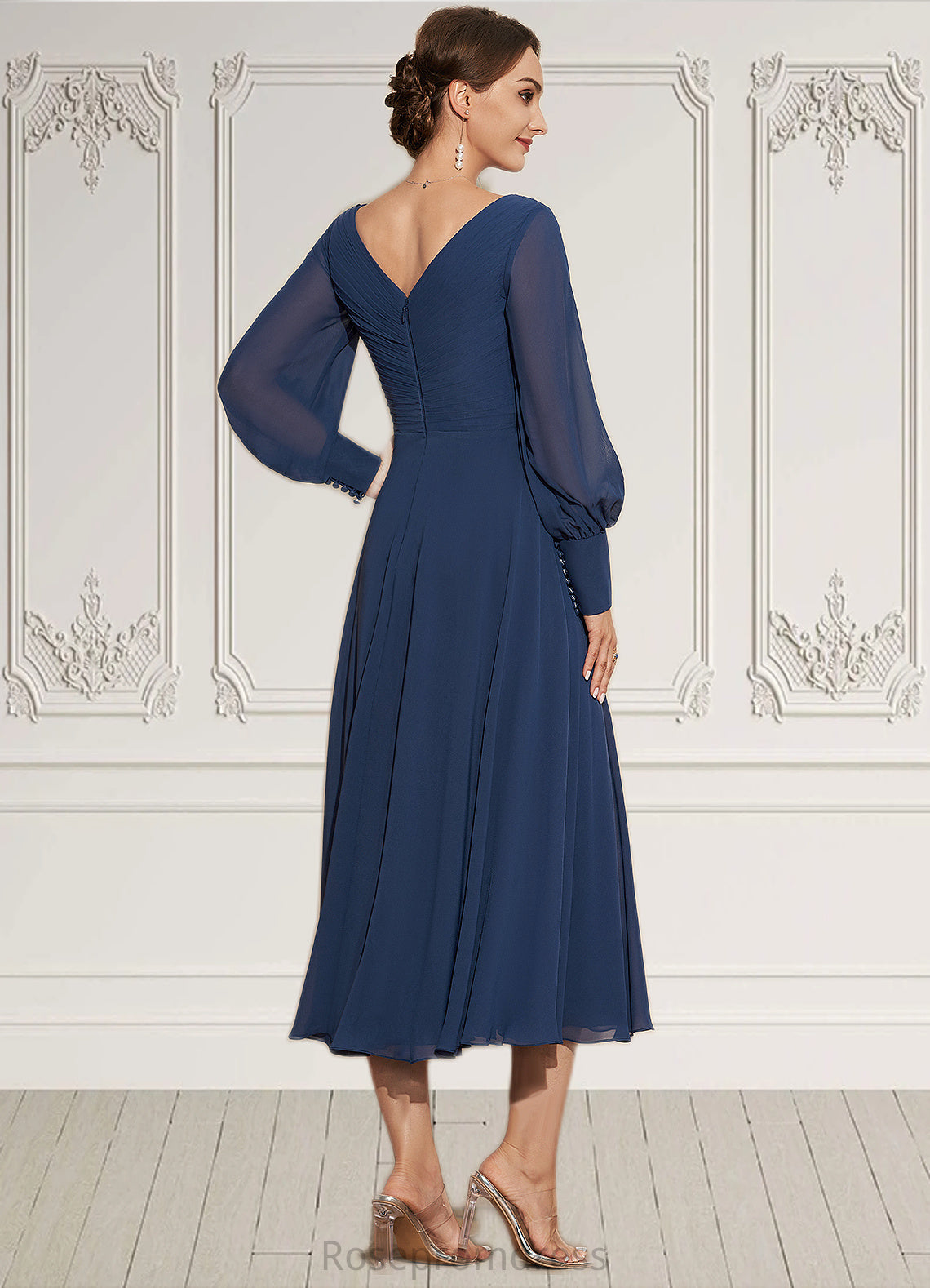 Jocelynn A-Line V-neck Tea-Length Chiffon Mother of the Bride Dress With Ruffle SRS126P0014669