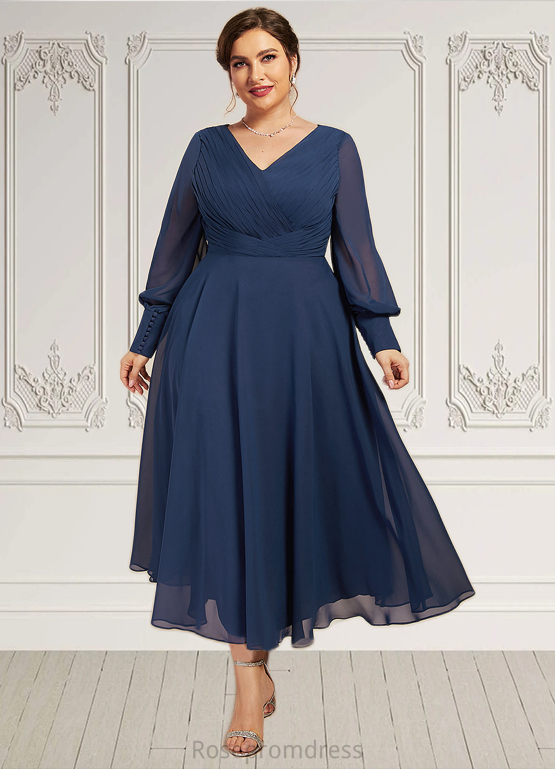 Jocelynn A-Line V-neck Tea-Length Chiffon Mother of the Bride Dress With Ruffle SRS126P0014669