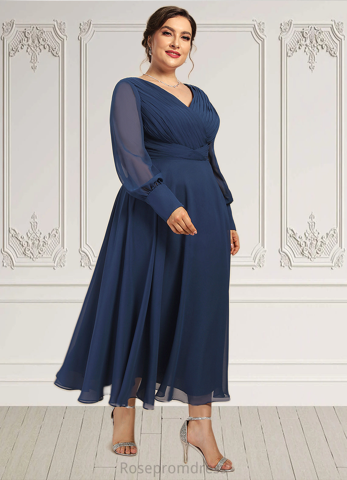 Jocelynn A-Line V-neck Tea-Length Chiffon Mother of the Bride Dress With Ruffle SRS126P0014669