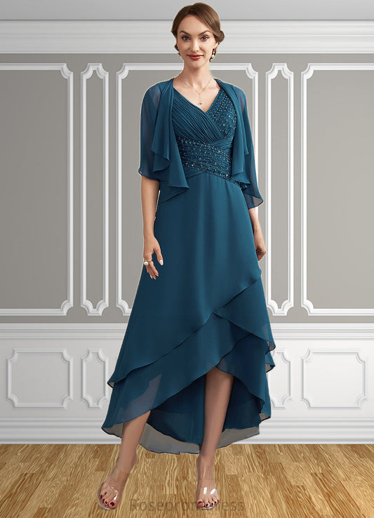 Gabriella A-Line V-neck Asymmetrical Chiffon Mother of the Bride Dress With Ruffle Beading Sequins SRS126P0014671