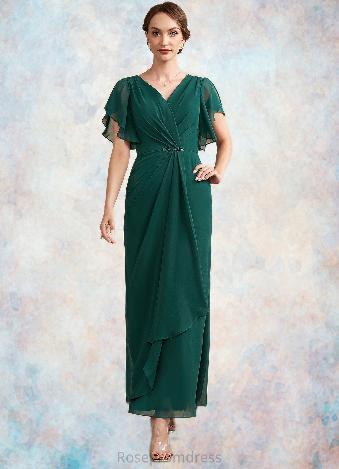 Sarah A-Line V-neck Ankle-Length Chiffon Mother of the Bride Dress With Ruffle Beading Sequins SRS126P0014672