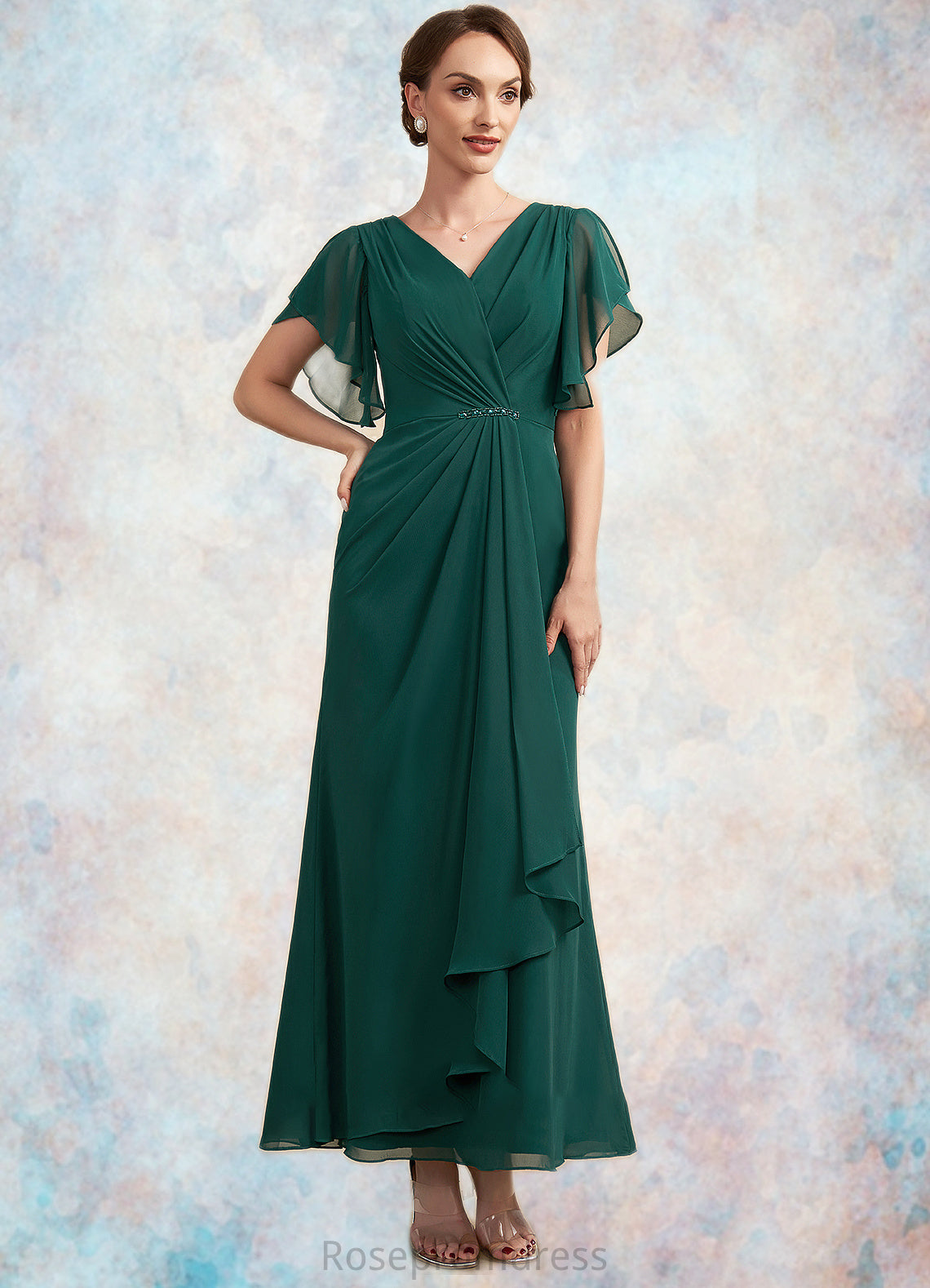 Sarah A-Line V-neck Ankle-Length Chiffon Mother of the Bride Dress With Ruffle Beading Sequins SRS126P0014672