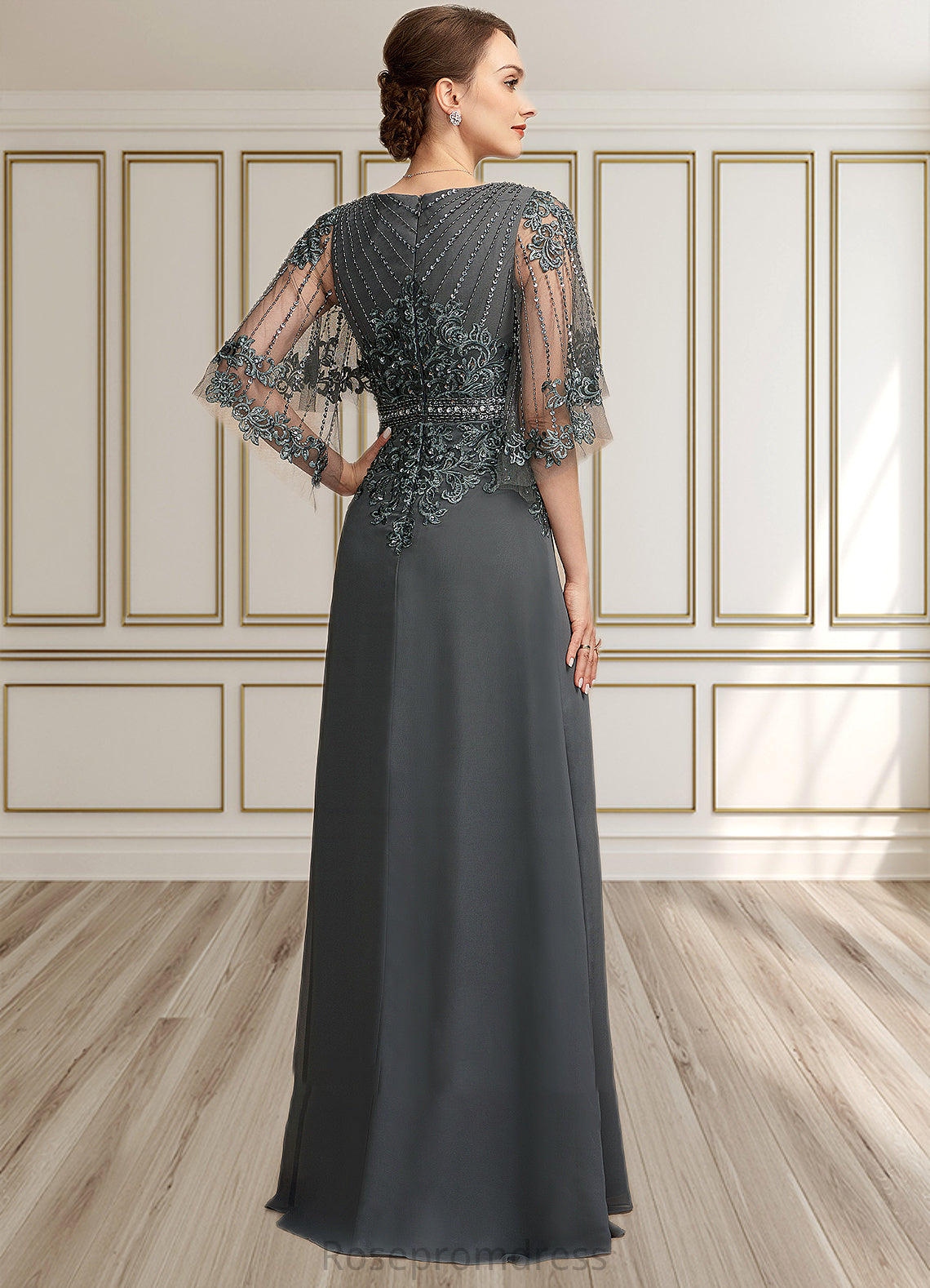 Aileen A-Line V-neck Floor-Length Chiffon Lace Mother of the Bride Dress With Beading Sequins SRS126P0014674