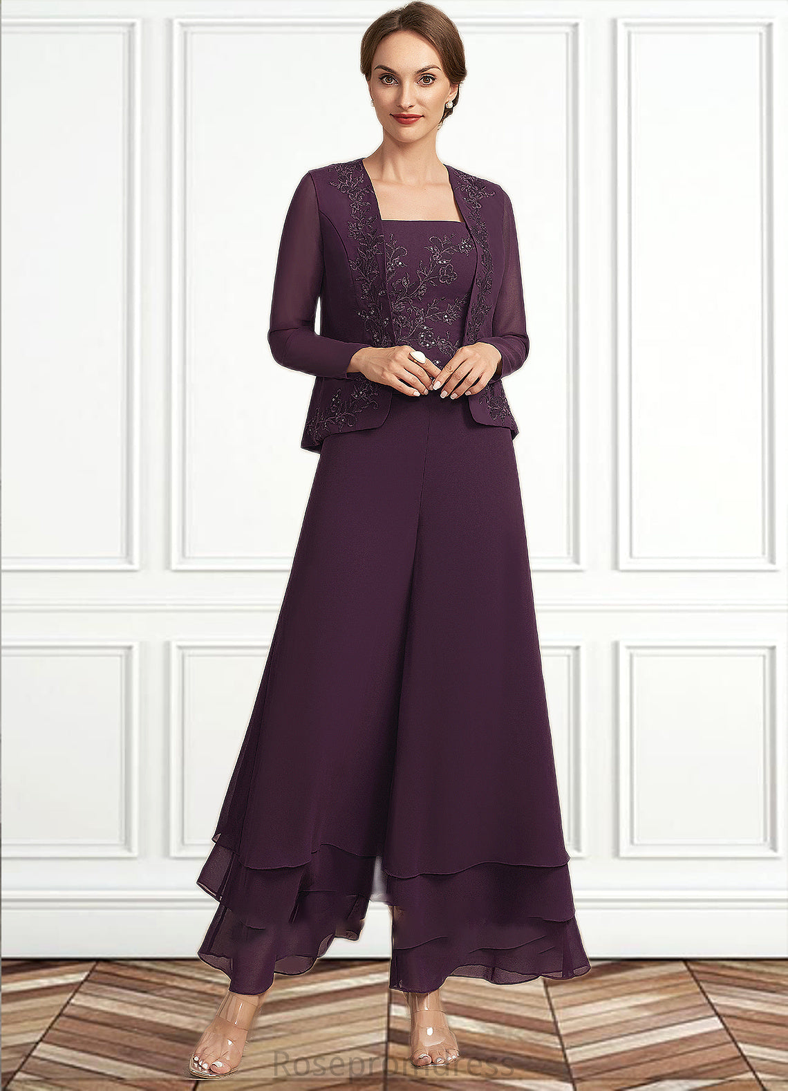 Charlotte Jumpsuit/Pantsuit Square Neckline Ankle-Length Chiffon Lace Mother of the Bride Dress With Sequins SRS126P0014676