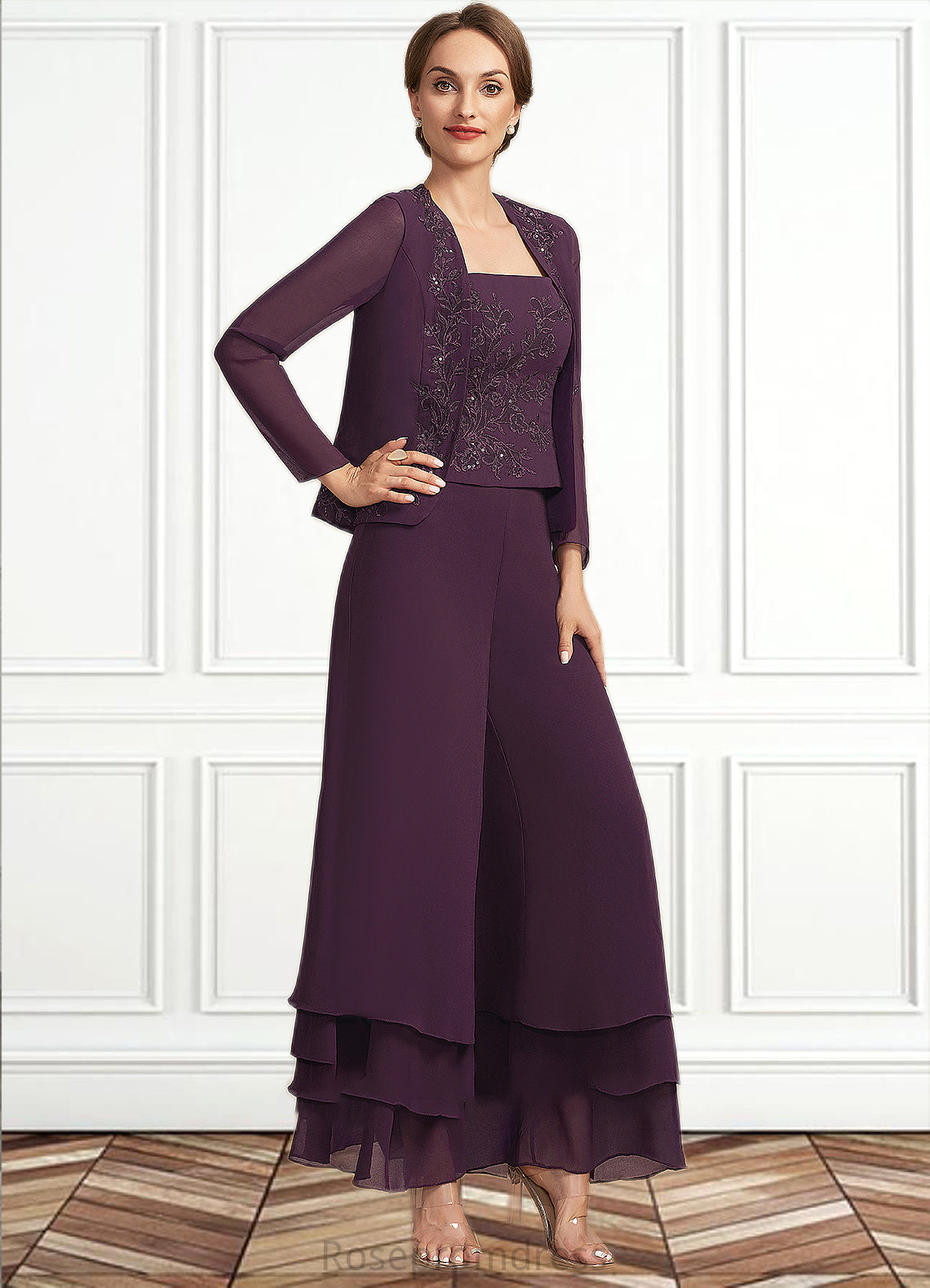 Charlotte Jumpsuit/Pantsuit Square Neckline Ankle-Length Chiffon Lace Mother of the Bride Dress With Sequins SRS126P0014676