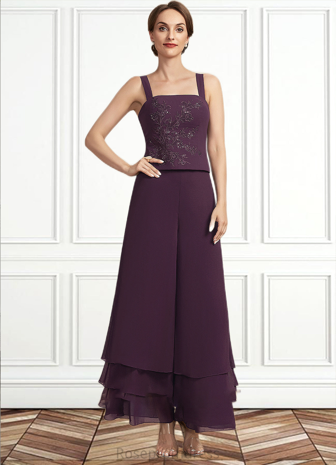 Charlotte Jumpsuit/Pantsuit Square Neckline Ankle-Length Chiffon Lace Mother of the Bride Dress With Sequins SRS126P0014676