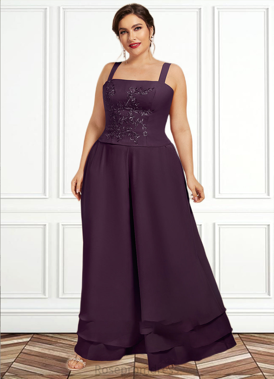 Charlotte Jumpsuit/Pantsuit Square Neckline Ankle-Length Chiffon Lace Mother of the Bride Dress With Sequins SRS126P0014676