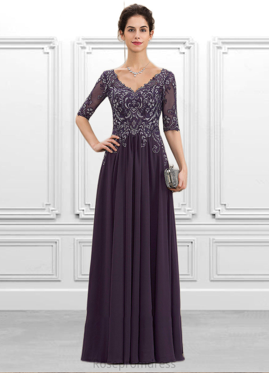 Eleanor A-Line V-neck Floor-Length Chiffon Lace Mother of the Bride Dress SRS126P0014678