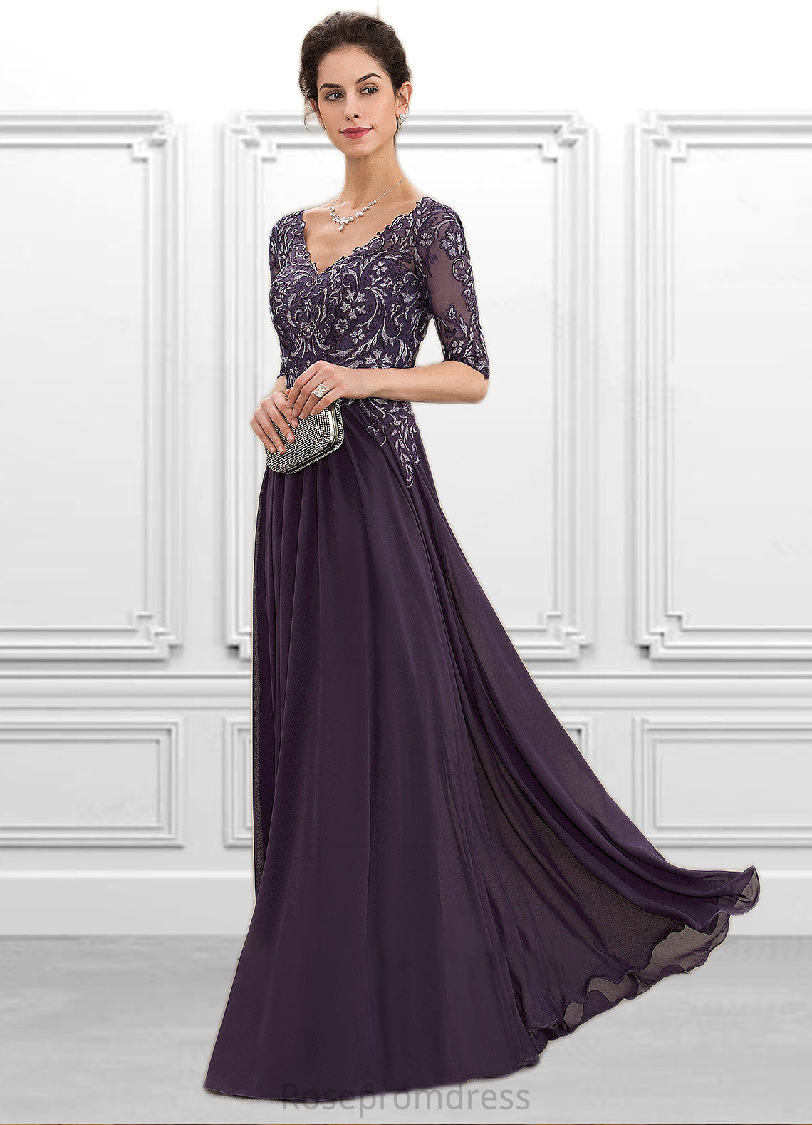Eleanor A-Line V-neck Floor-Length Chiffon Lace Mother of the Bride Dress SRS126P0014678