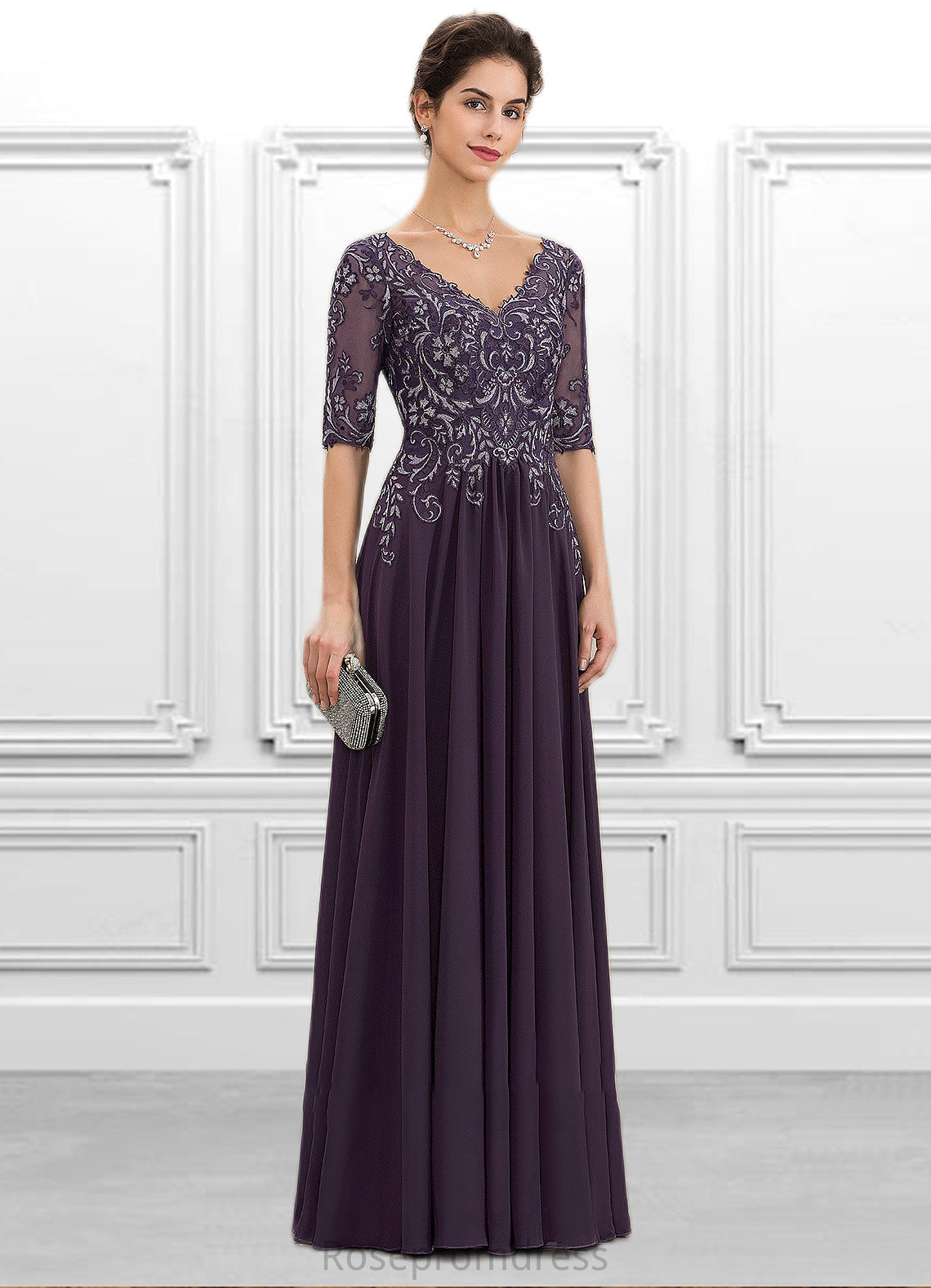 Eleanor A-Line V-neck Floor-Length Chiffon Lace Mother of the Bride Dress SRS126P0014678
