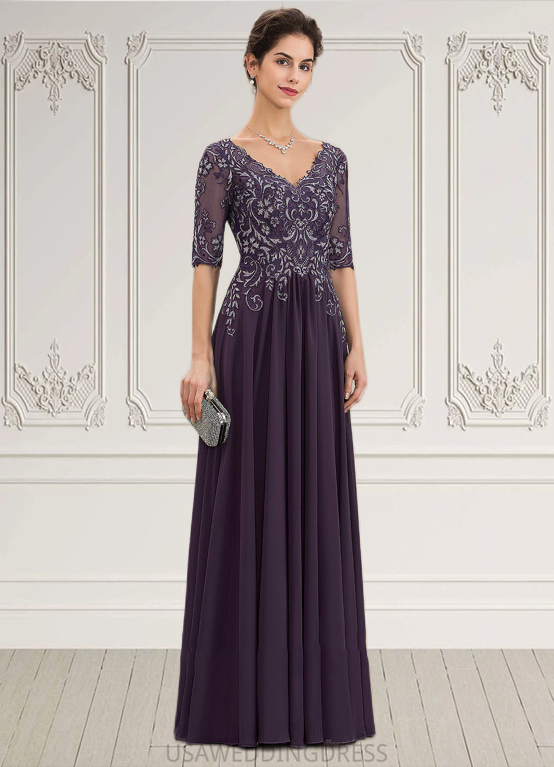 Winifred A-Line V-neck Floor-Length Chiffon Lace Mother of the Bride Dress DS126P0014678