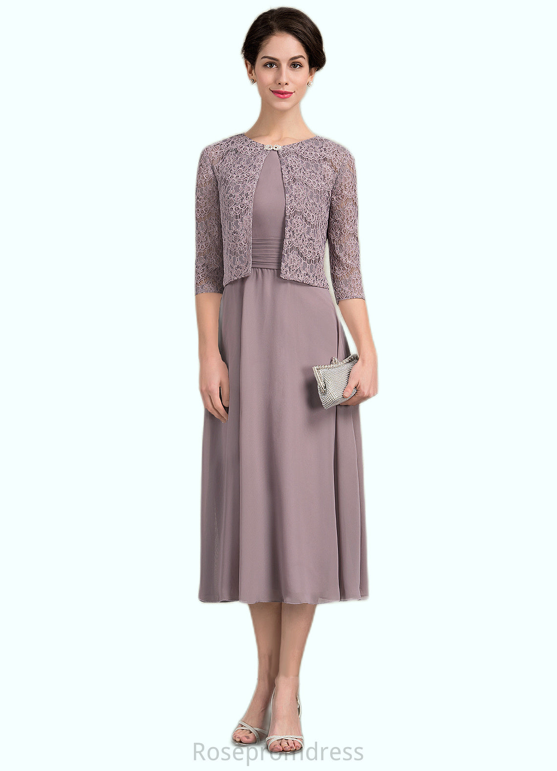 Madalyn A-Line Scoop Neck Tea-Length Chiffon Mother of the Bride Dress With Ruffle SRS126P0014679