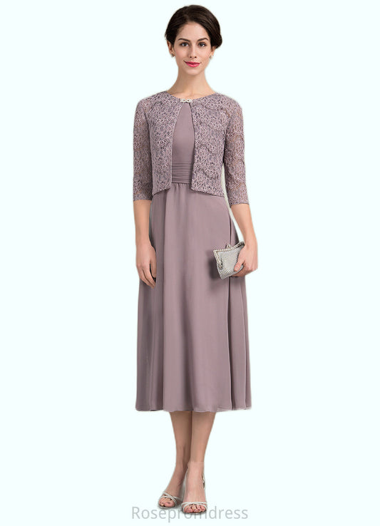 Madalyn A-Line Scoop Neck Tea-Length Chiffon Mother of the Bride Dress With Ruffle SRS126P0014679