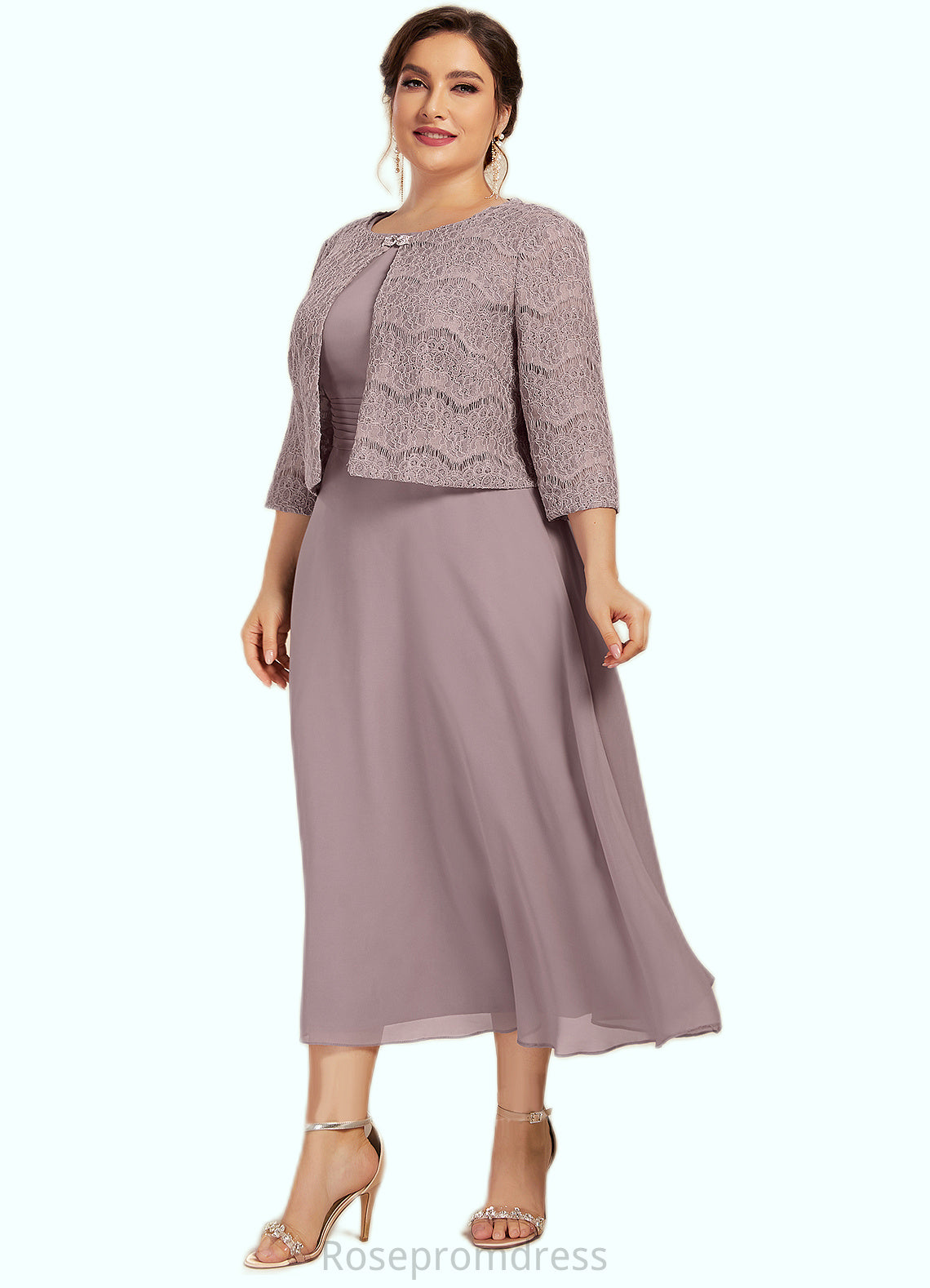 Madalyn A-Line Scoop Neck Tea-Length Chiffon Mother of the Bride Dress With Ruffle SRS126P0014679