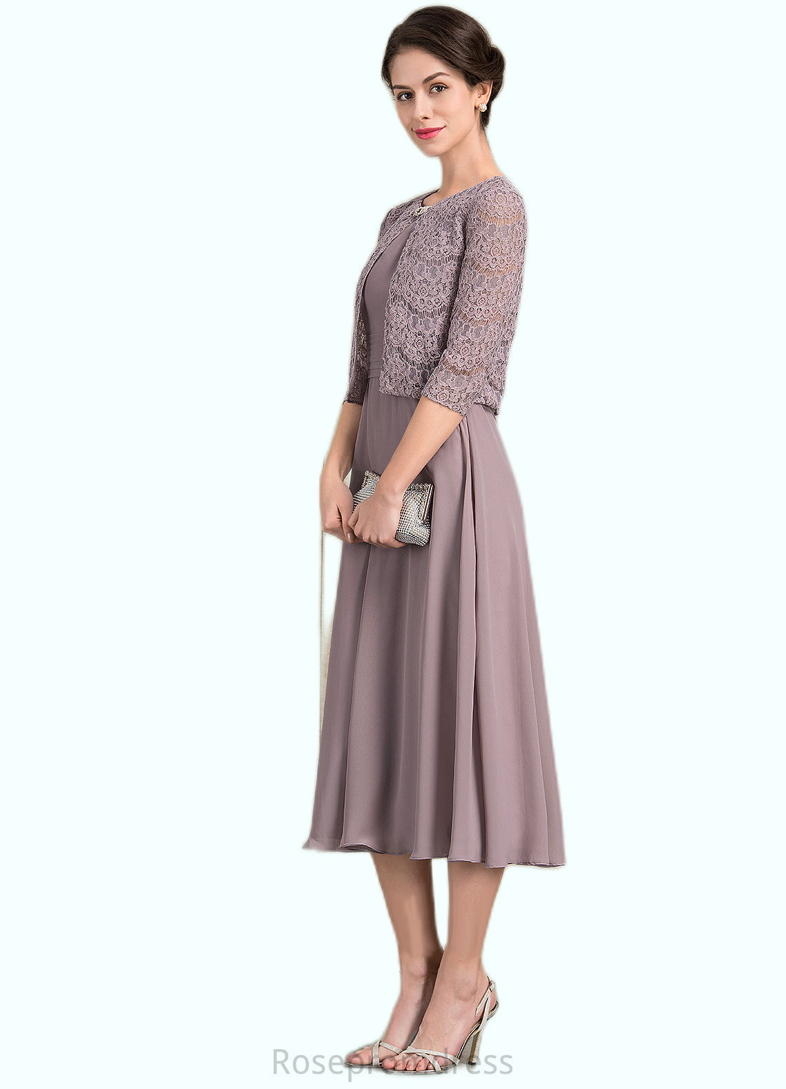 Madalyn A-Line Scoop Neck Tea-Length Chiffon Mother of the Bride Dress With Ruffle SRS126P0014679