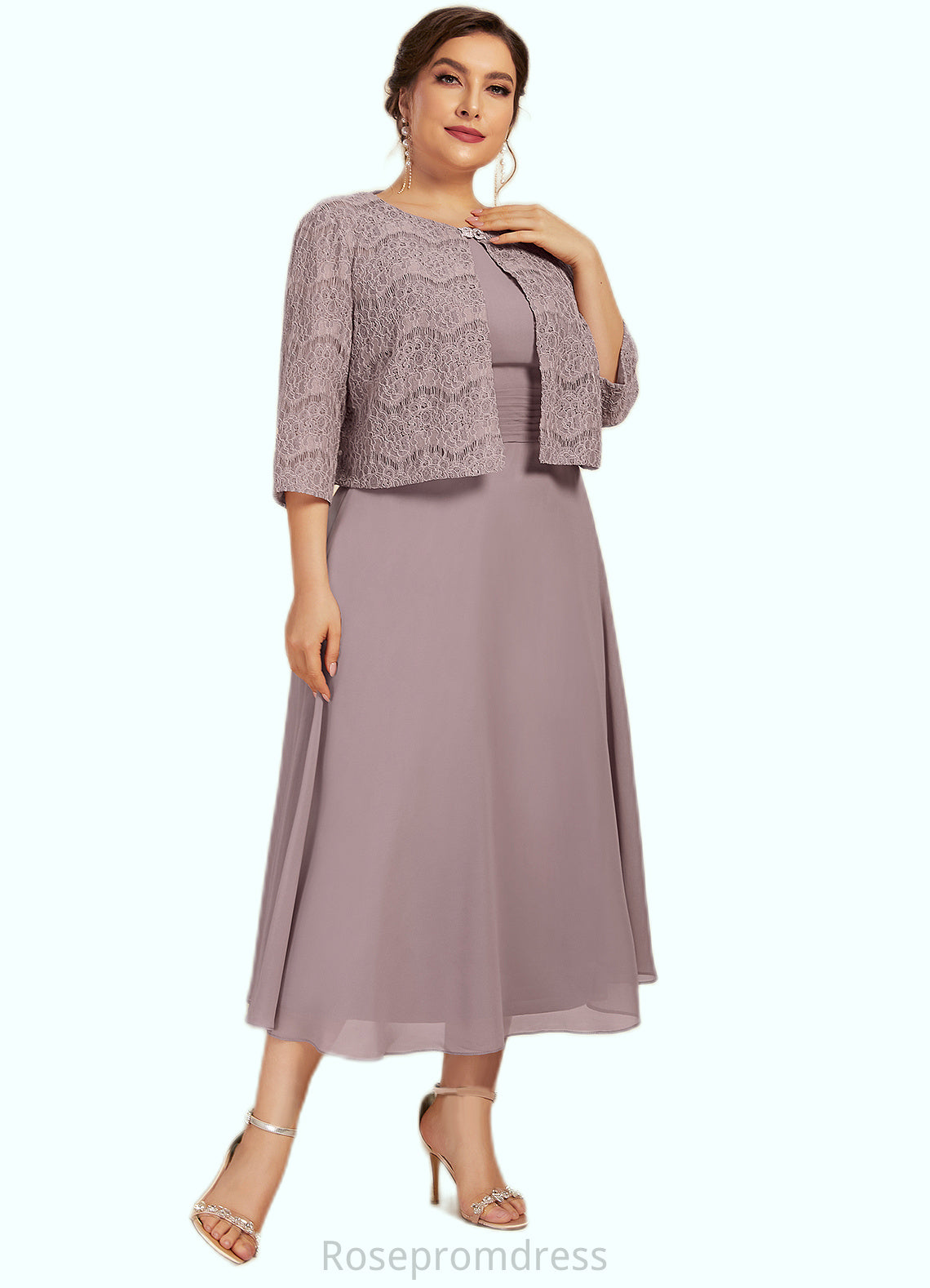 Madalyn A-Line Scoop Neck Tea-Length Chiffon Mother of the Bride Dress With Ruffle SRS126P0014679