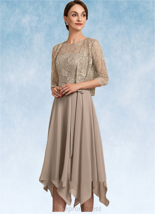 Kamari A-Line Scoop Neck Tea-Length Chiffon Lace Mother of the Bride Dress With Bow(s) SRS126P0014681