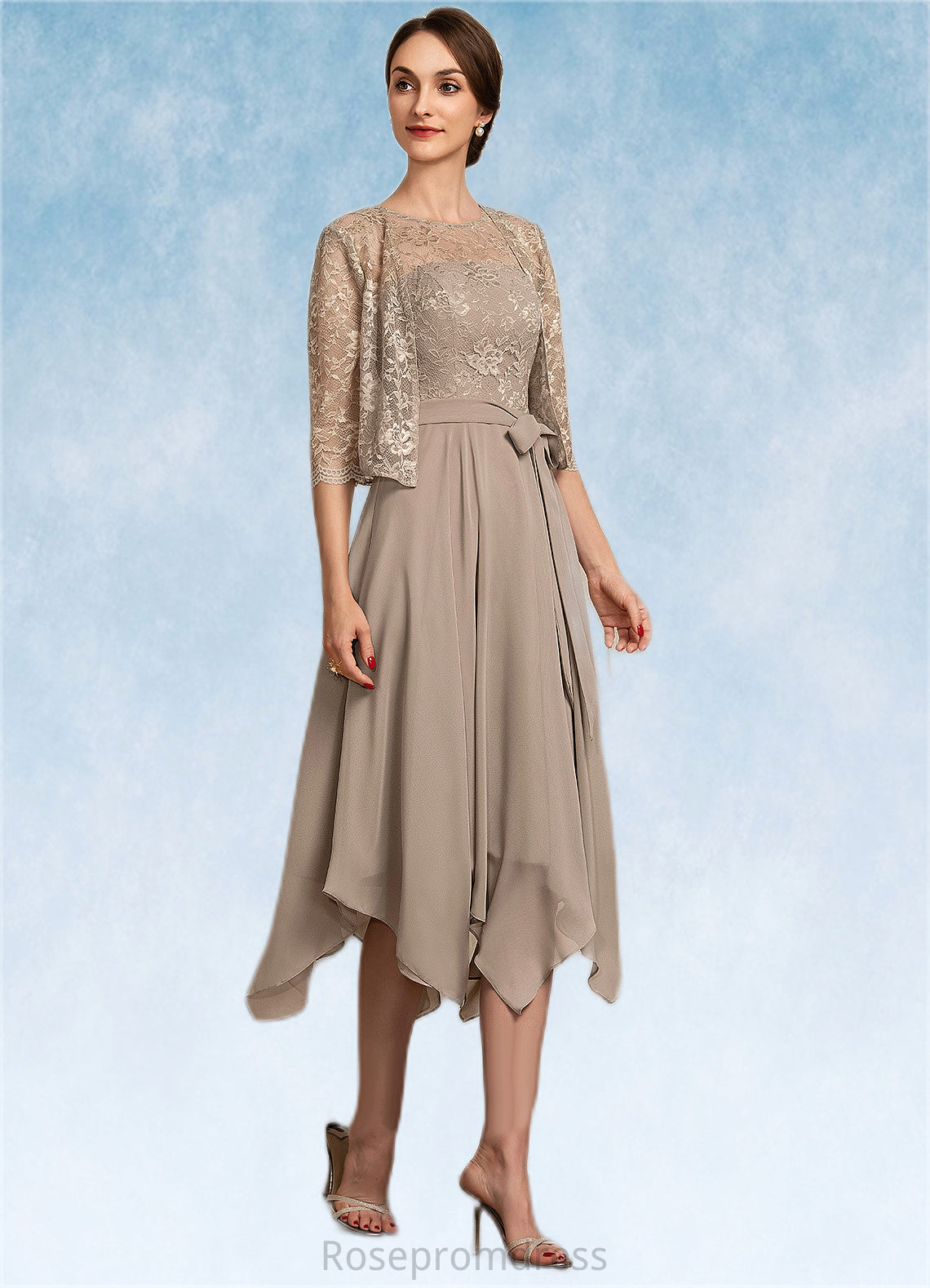 Kamari A-Line Scoop Neck Tea-Length Chiffon Lace Mother of the Bride Dress With Bow(s) SRS126P0014681