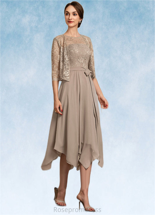 Kamari A-Line Scoop Neck Tea-Length Chiffon Lace Mother of the Bride Dress With Bow(s) SRS126P0014681