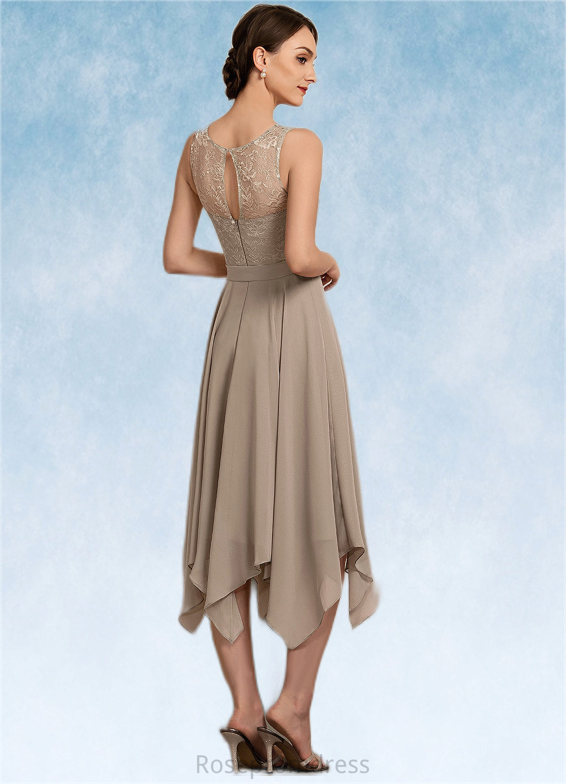 Kamari A-Line Scoop Neck Tea-Length Chiffon Lace Mother of the Bride Dress With Bow(s) SRS126P0014681