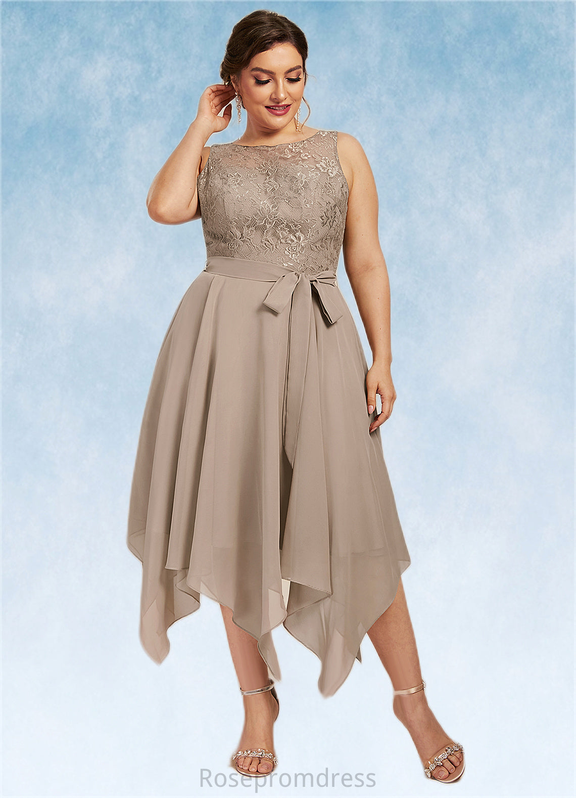 Kamari A-Line Scoop Neck Tea-Length Chiffon Lace Mother of the Bride Dress With Bow(s) SRS126P0014681