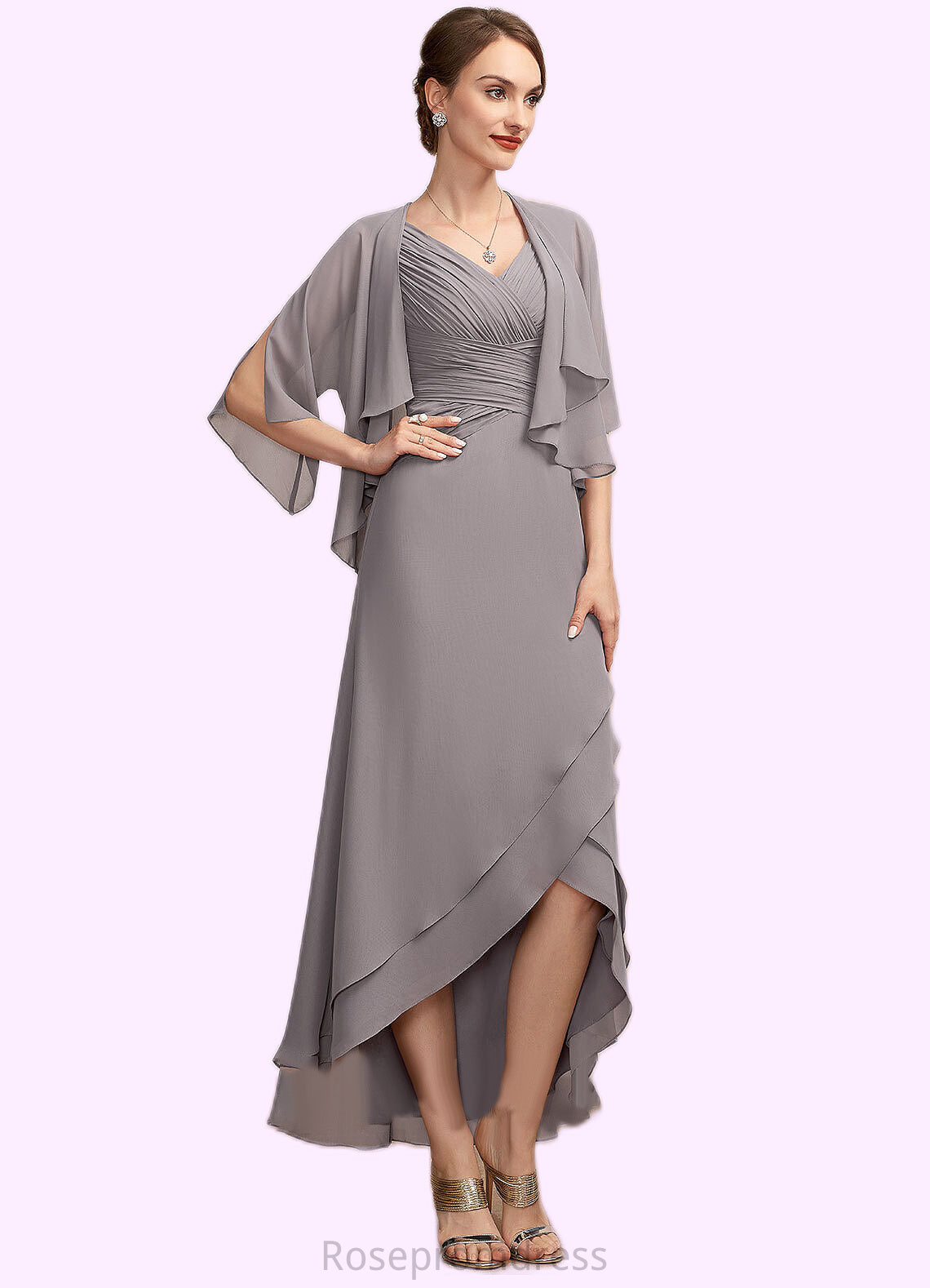 Bailee A-Line V-neck Asymmetrical Chiffon Mother of the Bride Dress With Ruffle SRS126P0014682