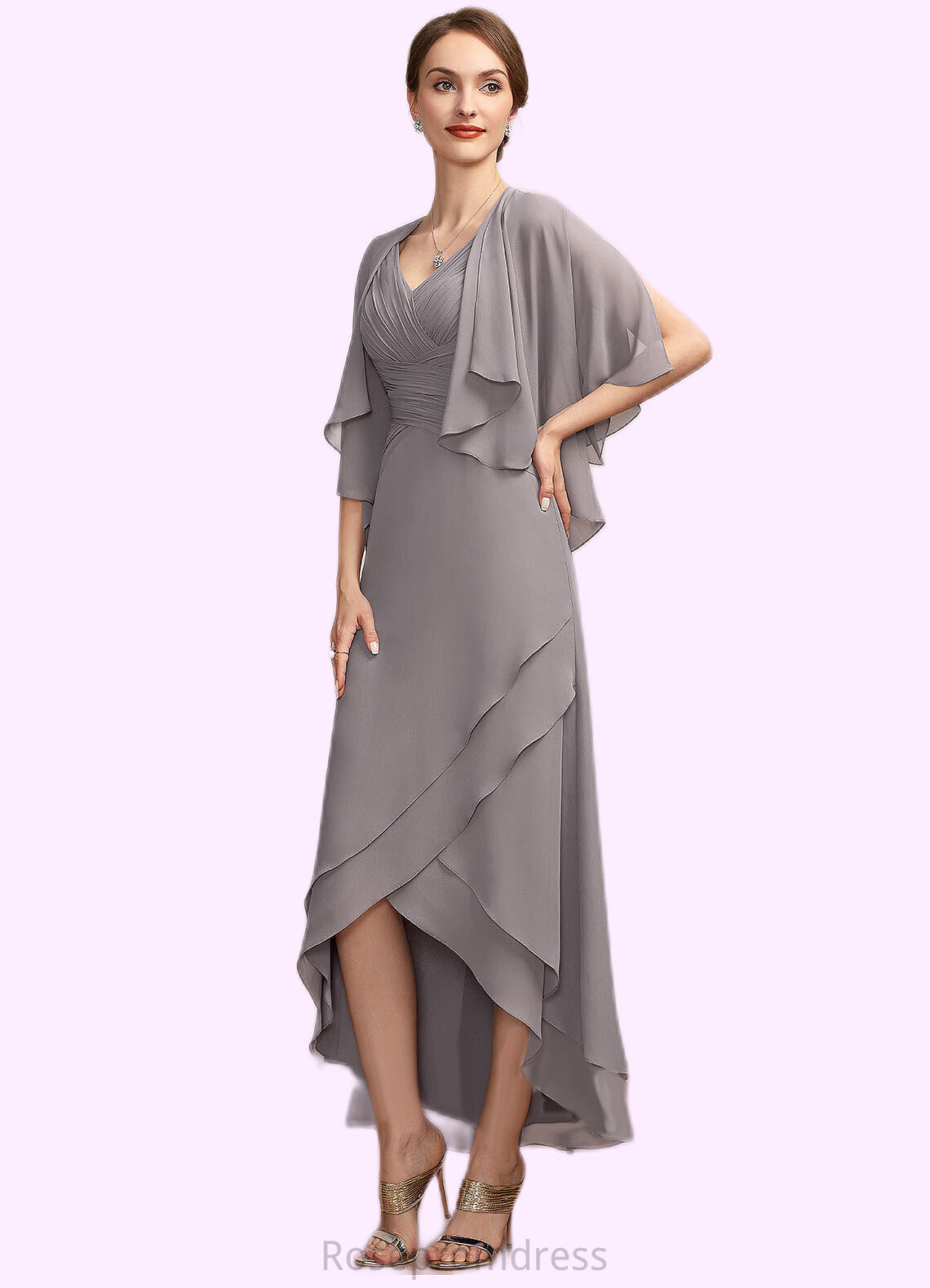 Bailee A-Line V-neck Asymmetrical Chiffon Mother of the Bride Dress With Ruffle SRS126P0014682