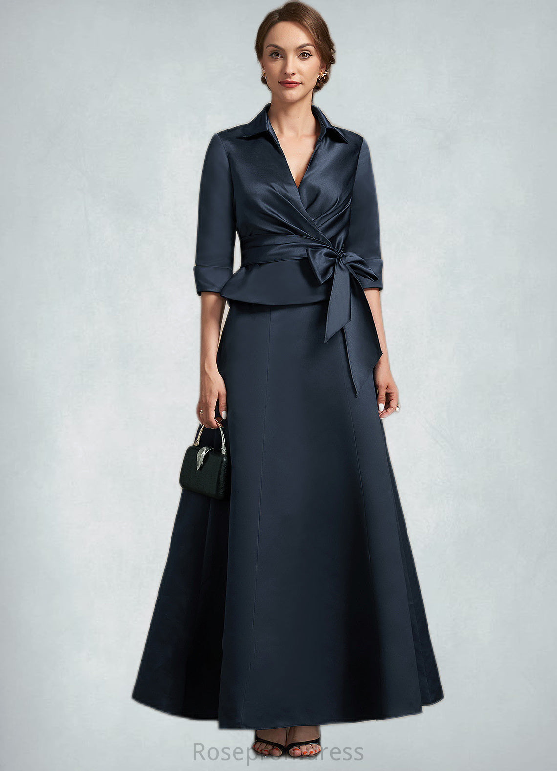 Lilian A-Line V-neck Ankle-Length Satin Mother of the Bride Dress With Bow(s) SRS126P0014683