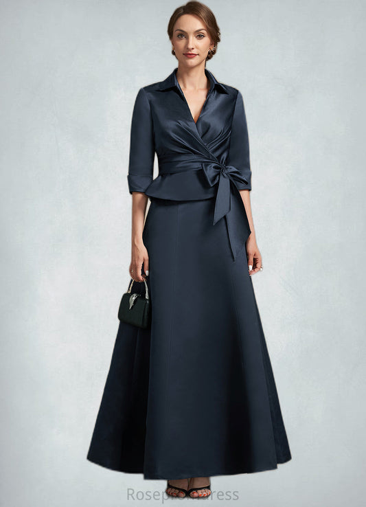 Lilian A-Line V-neck Ankle-Length Satin Mother of the Bride Dress With Bow(s) SRS126P0014683