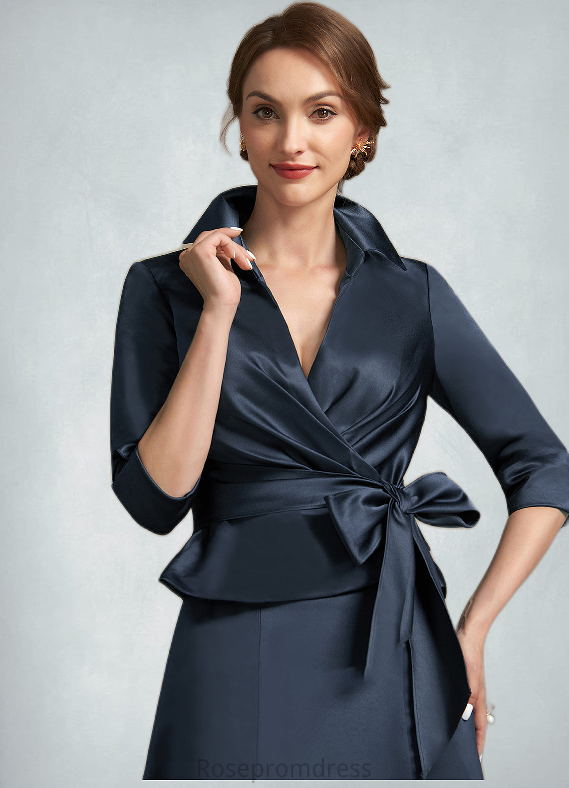 Lilian A-Line V-neck Ankle-Length Satin Mother of the Bride Dress With Bow(s) SRS126P0014683