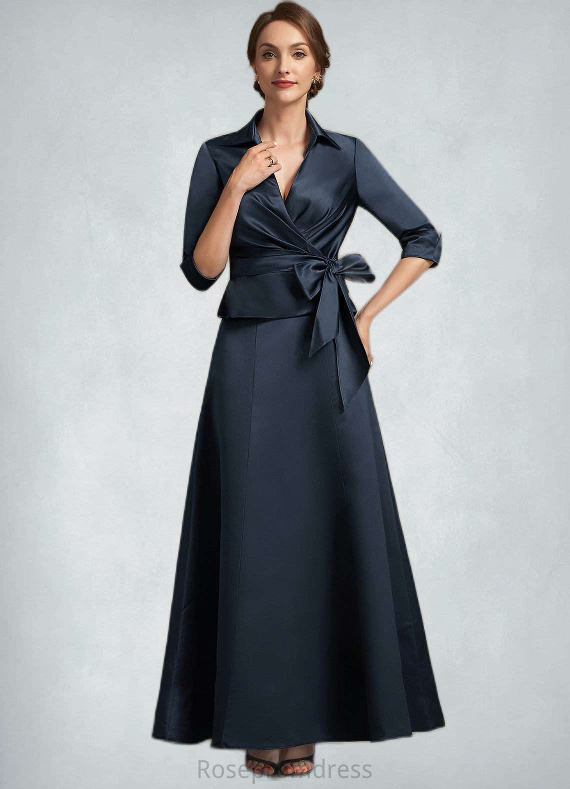 Lilian A-Line V-neck Ankle-Length Satin Mother of the Bride Dress With Bow(s) SRS126P0014683