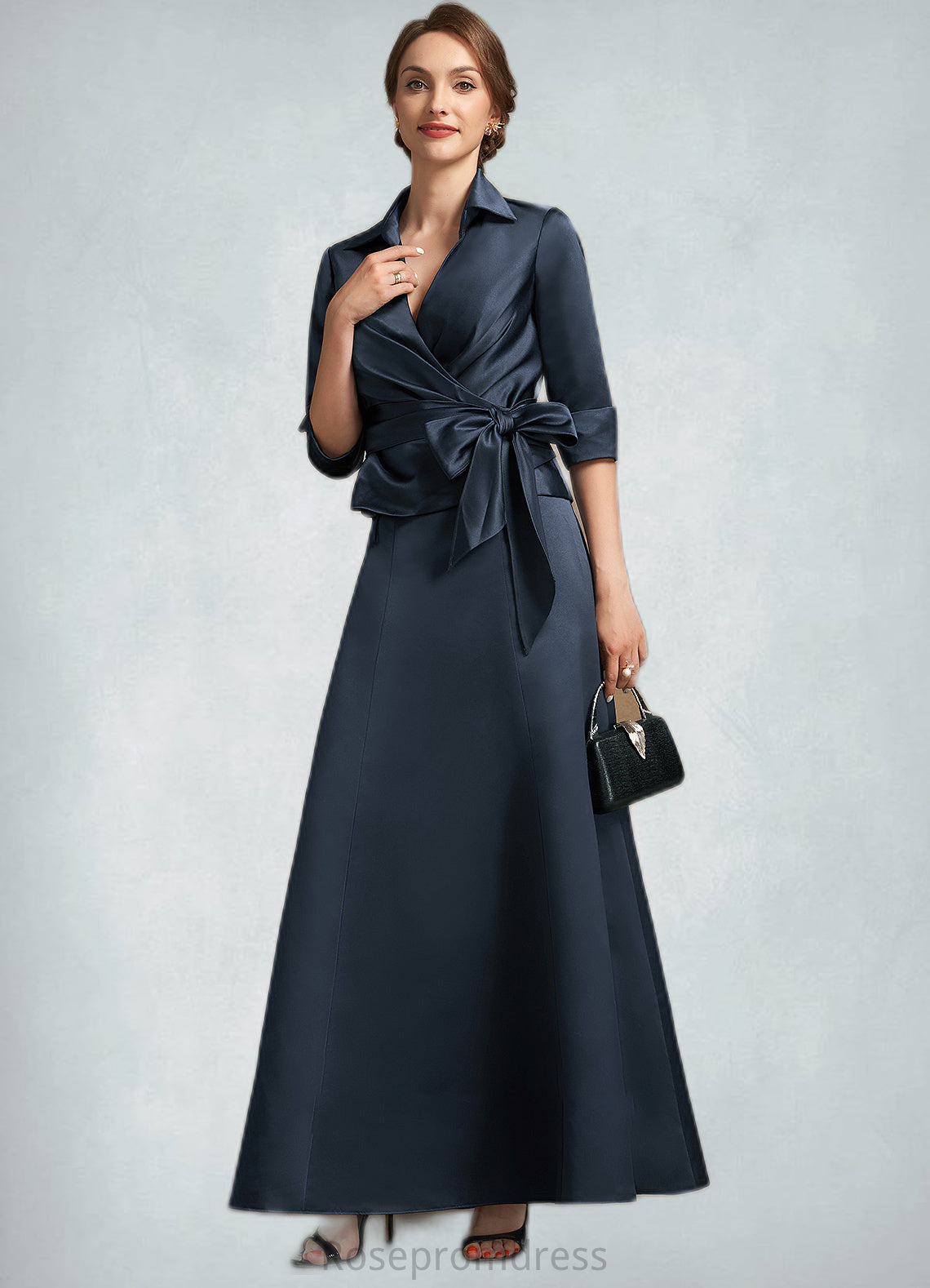 Lilian A-Line V-neck Ankle-Length Satin Mother of the Bride Dress With Bow(s) SRS126P0014683