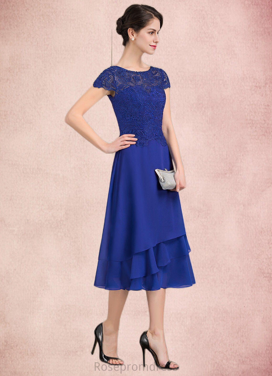 Miah A-Line Scoop Neck Tea-Length Chiffon Lace Mother of the Bride Dress SRS126P0014685