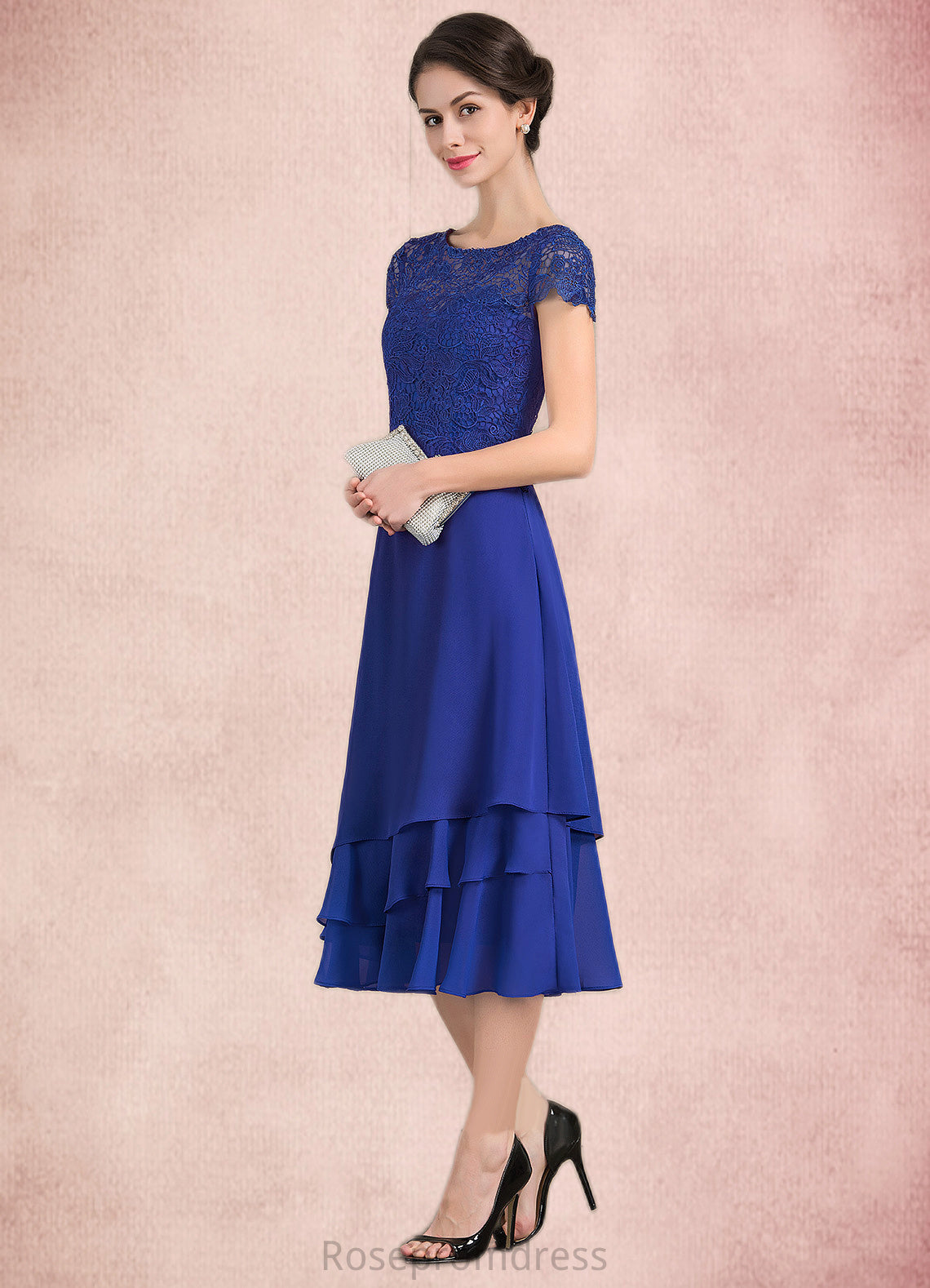 Miah A-Line Scoop Neck Tea-Length Chiffon Lace Mother of the Bride Dress SRS126P0014685