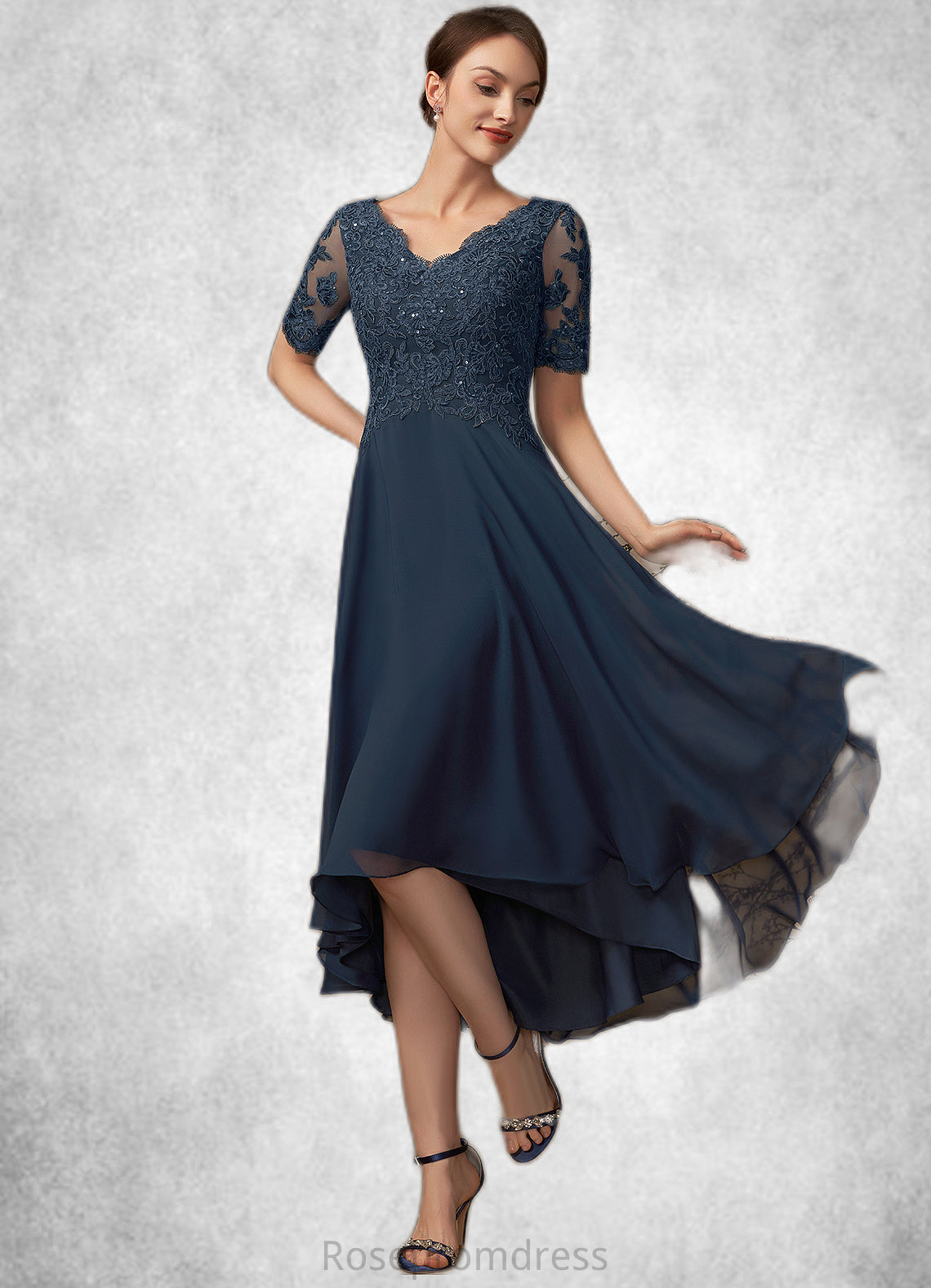 Cameron A-line V-Neck Asymmetrical Chiffon Lace Mother of the Bride Dress With Sequins SRS126P0014686