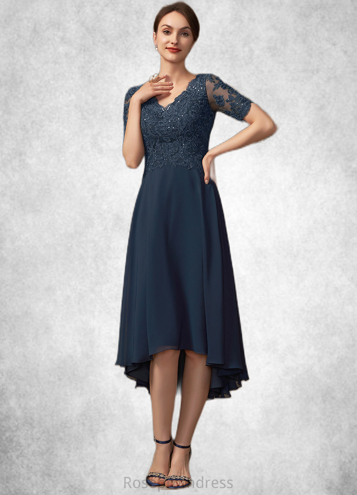 Cameron A-line V-Neck Asymmetrical Chiffon Lace Mother of the Bride Dress With Sequins SRS126P0014686