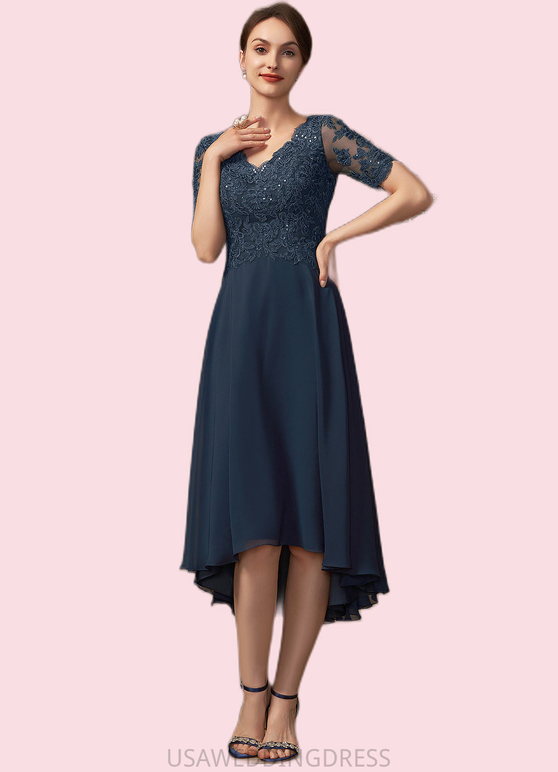 Silvia A-line V-Neck Asymmetrical Chiffon Lace Mother of the Bride Dress With Sequins DS126P0014686