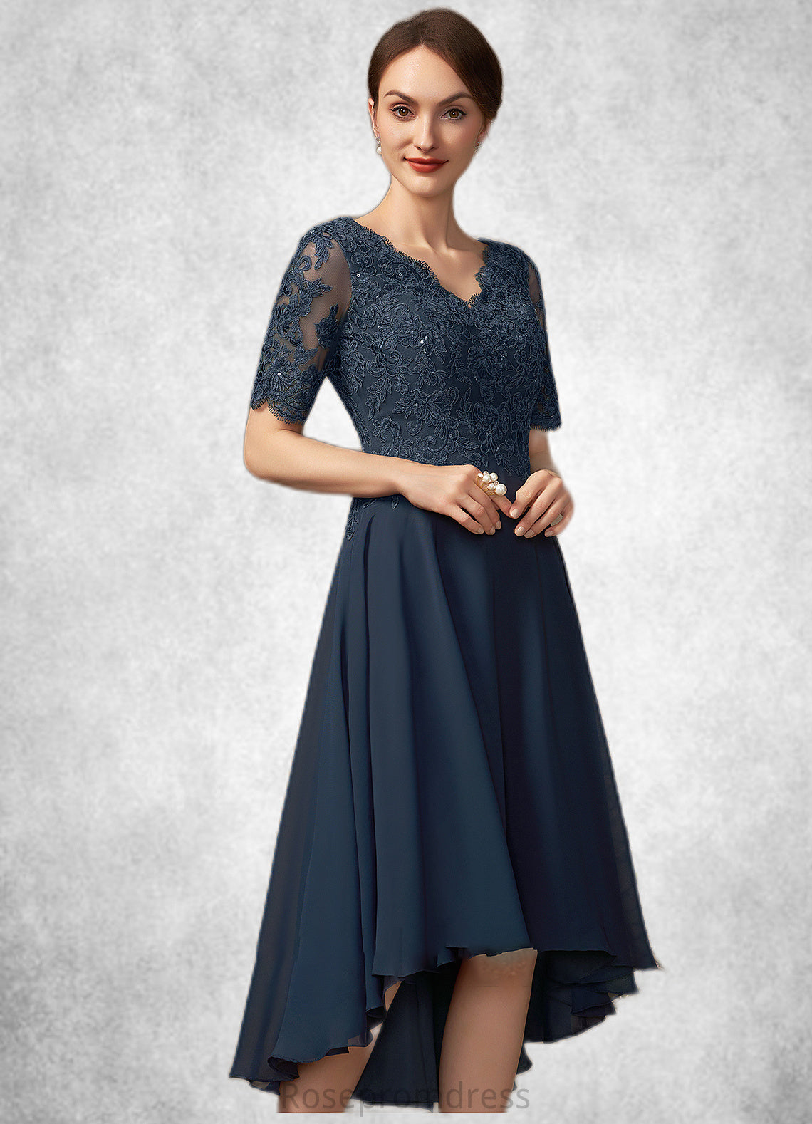 Cameron A-line V-Neck Asymmetrical Chiffon Lace Mother of the Bride Dress With Sequins SRS126P0014686