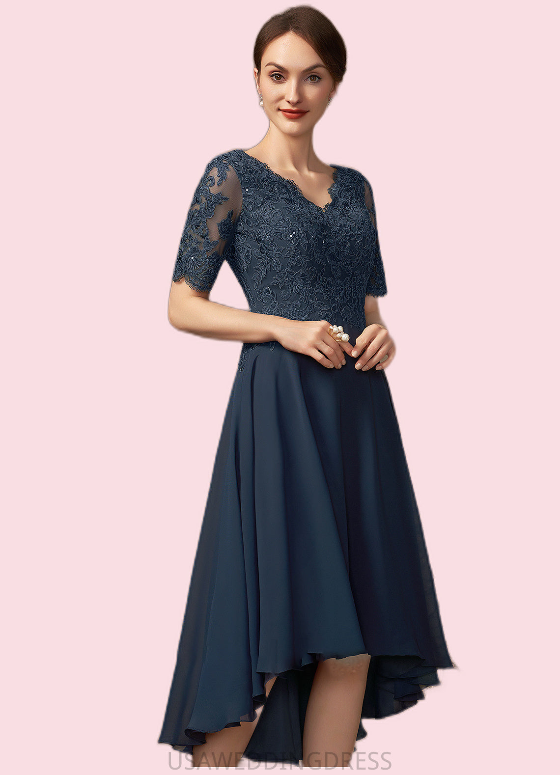 Silvia A-line V-Neck Asymmetrical Chiffon Lace Mother of the Bride Dress With Sequins DS126P0014686