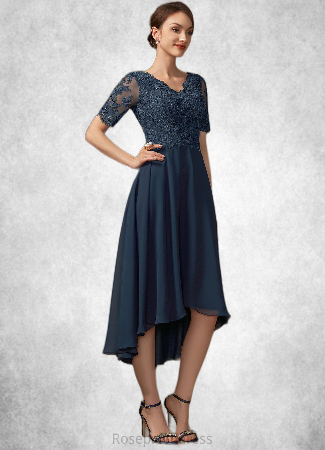 Cameron A-line V-Neck Asymmetrical Chiffon Lace Mother of the Bride Dress With Sequins SRS126P0014686