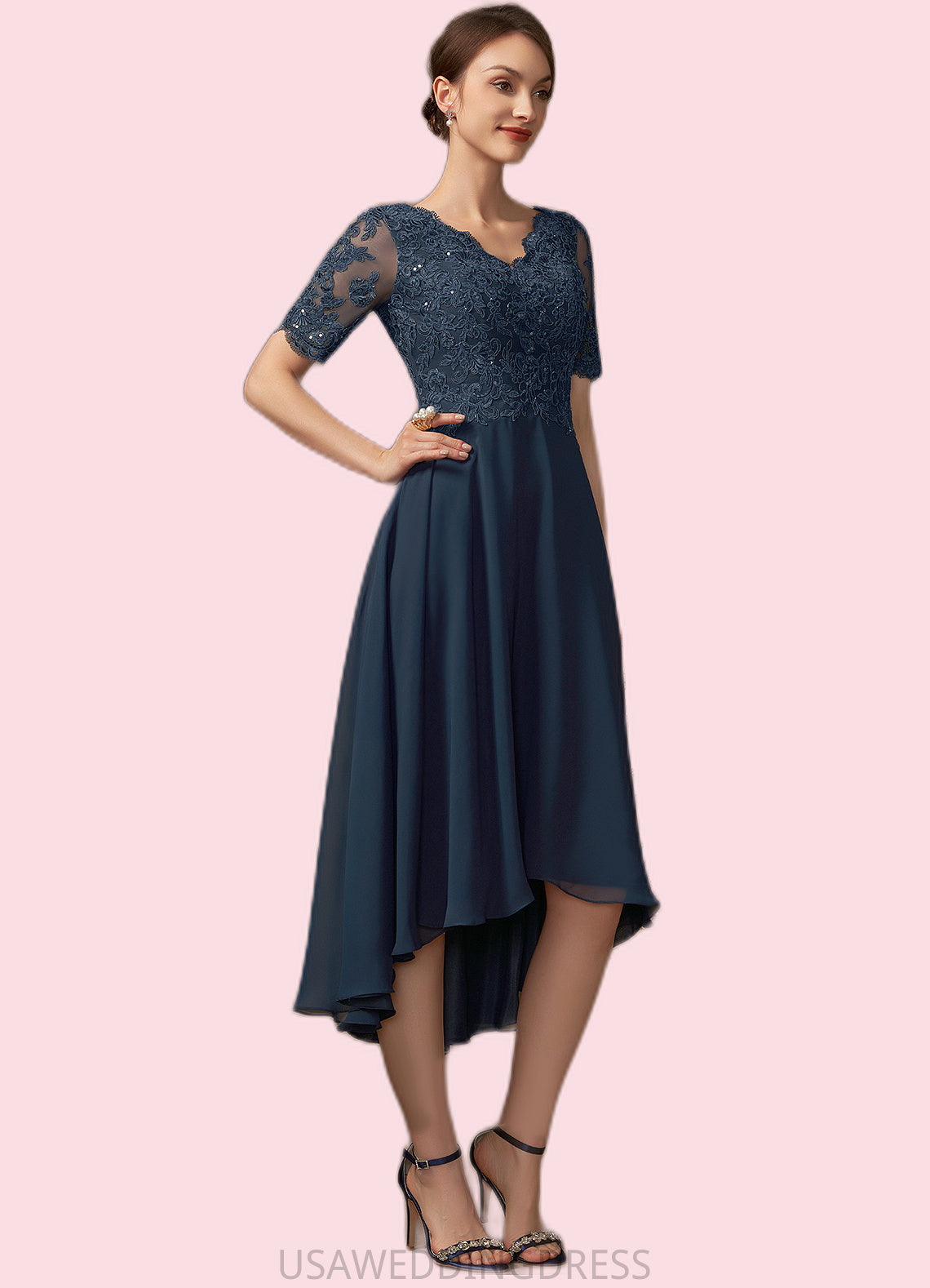 Silvia A-line V-Neck Asymmetrical Chiffon Lace Mother of the Bride Dress With Sequins DS126P0014686