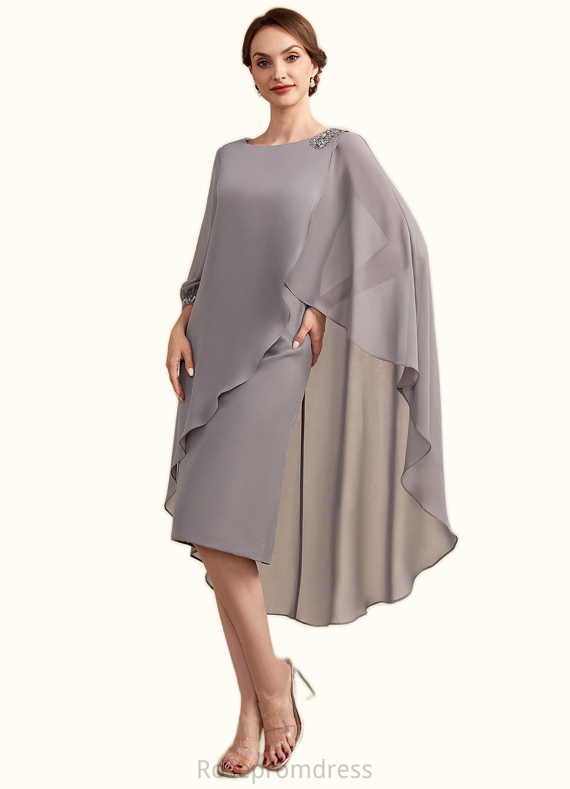 Kaylin Sheath/Column Scoop Neck Knee-Length Chiffon Mother of the Bride Dress With Beading SRS126P0014688